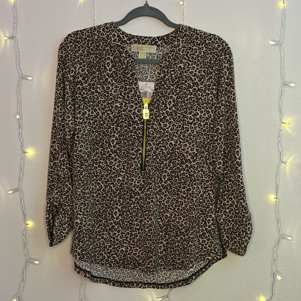 💜🤩 Michale Kors Leopard Print 3/4 Zip Long Sleeve Blouse💜🤩